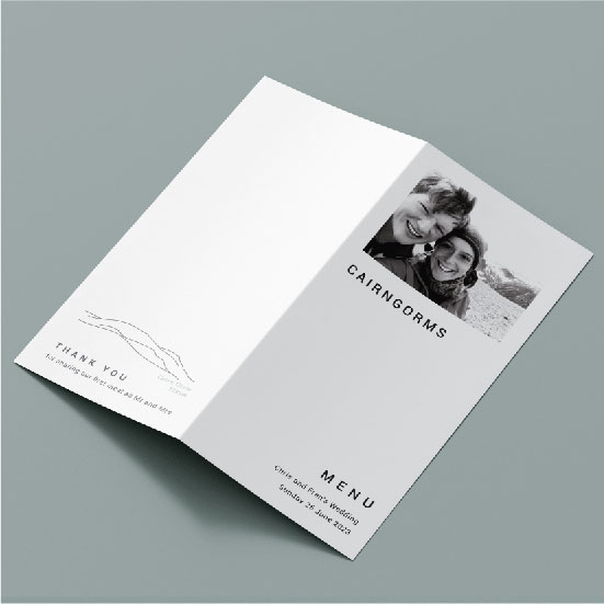 wedding stationery by the Wee Design Studio. a mock up of a menu