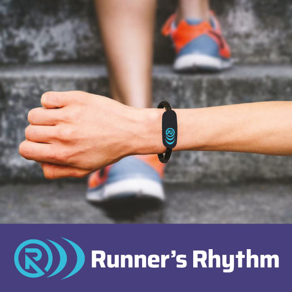 runners rhythm logo with a wrist wearing a device with the logo on it. in the background, someone is running up stairs