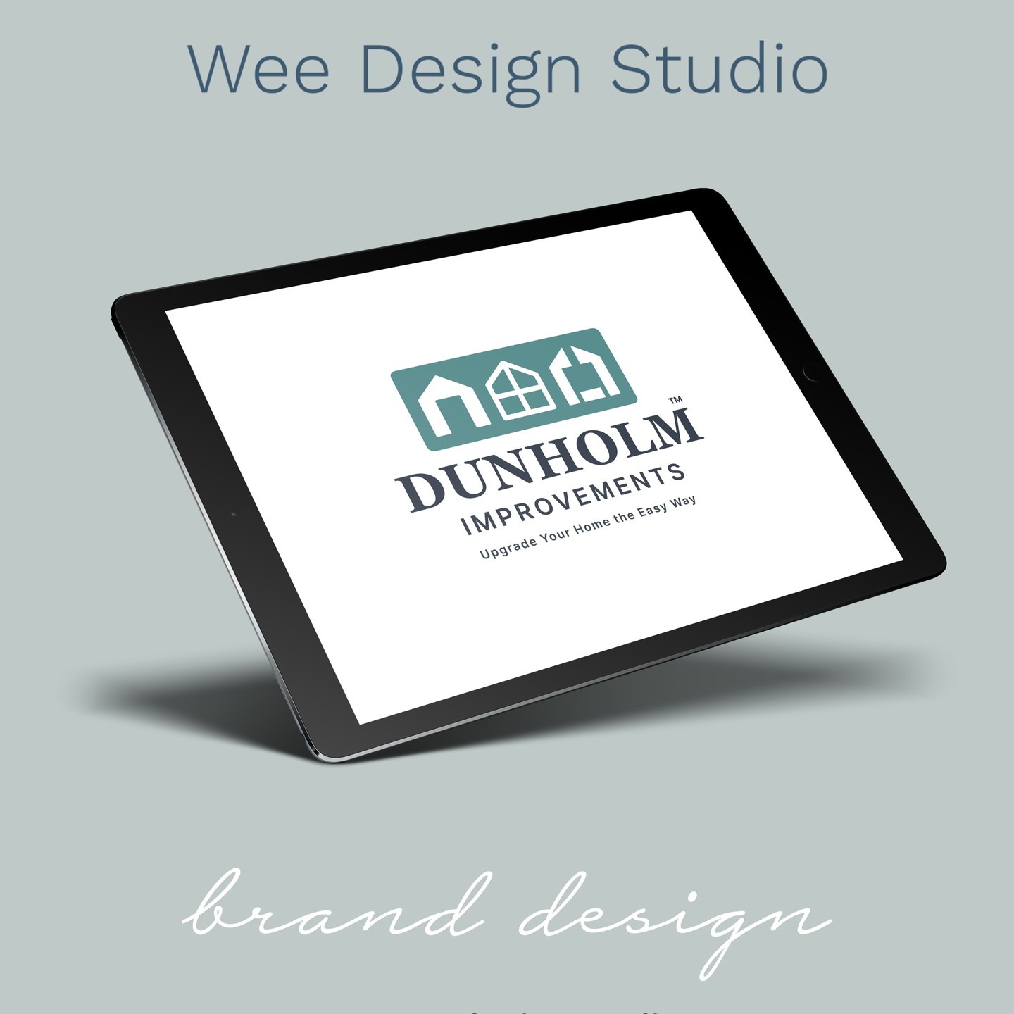 Dunholm Improvements logo designed by the Wee Design Studio, shown as a mock up on an ipad.